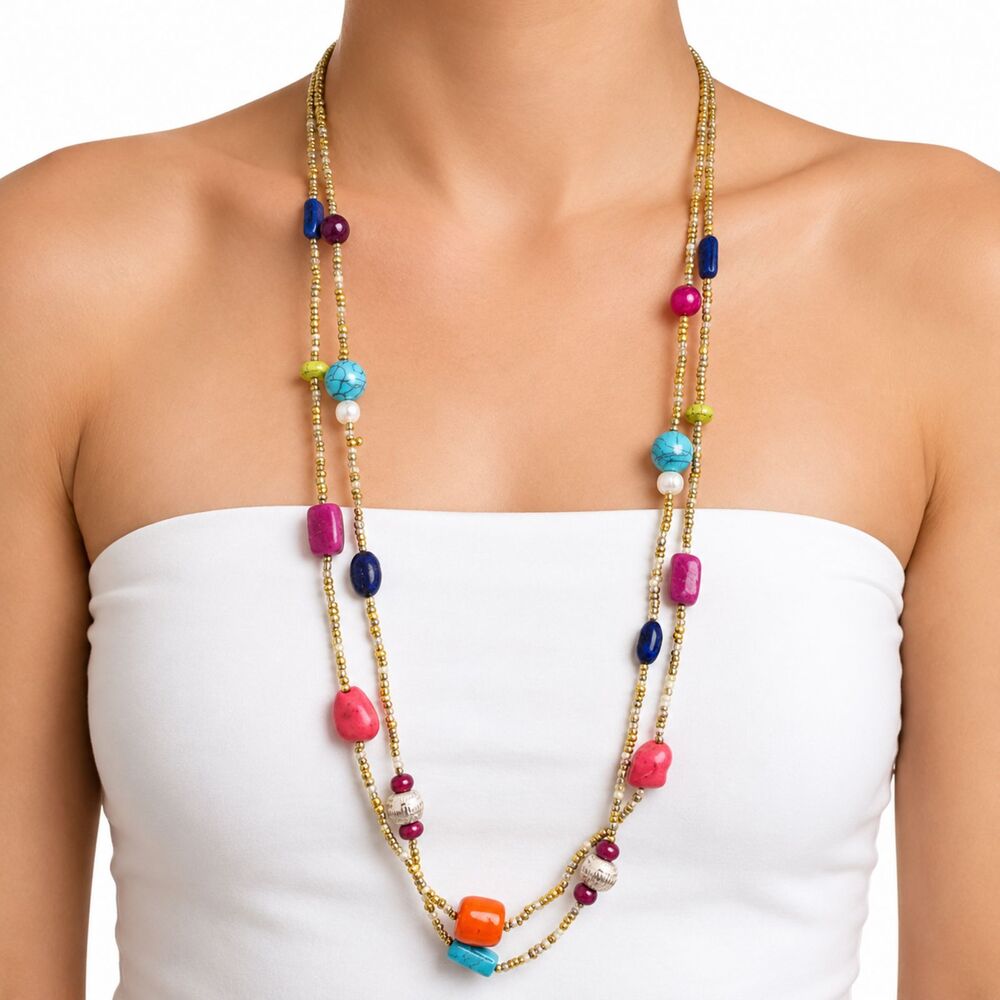 Chico's NWT Double Strand Colorful Colorblock Seed Bead Long 41.5" Necklace
